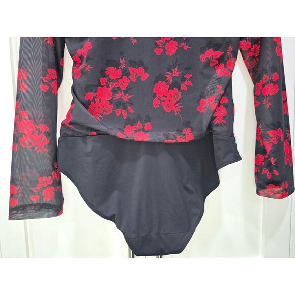 Tahari Floral Mesh Bodysuit With Built-In Tank Black/Red Size L - Picture 11 of 16